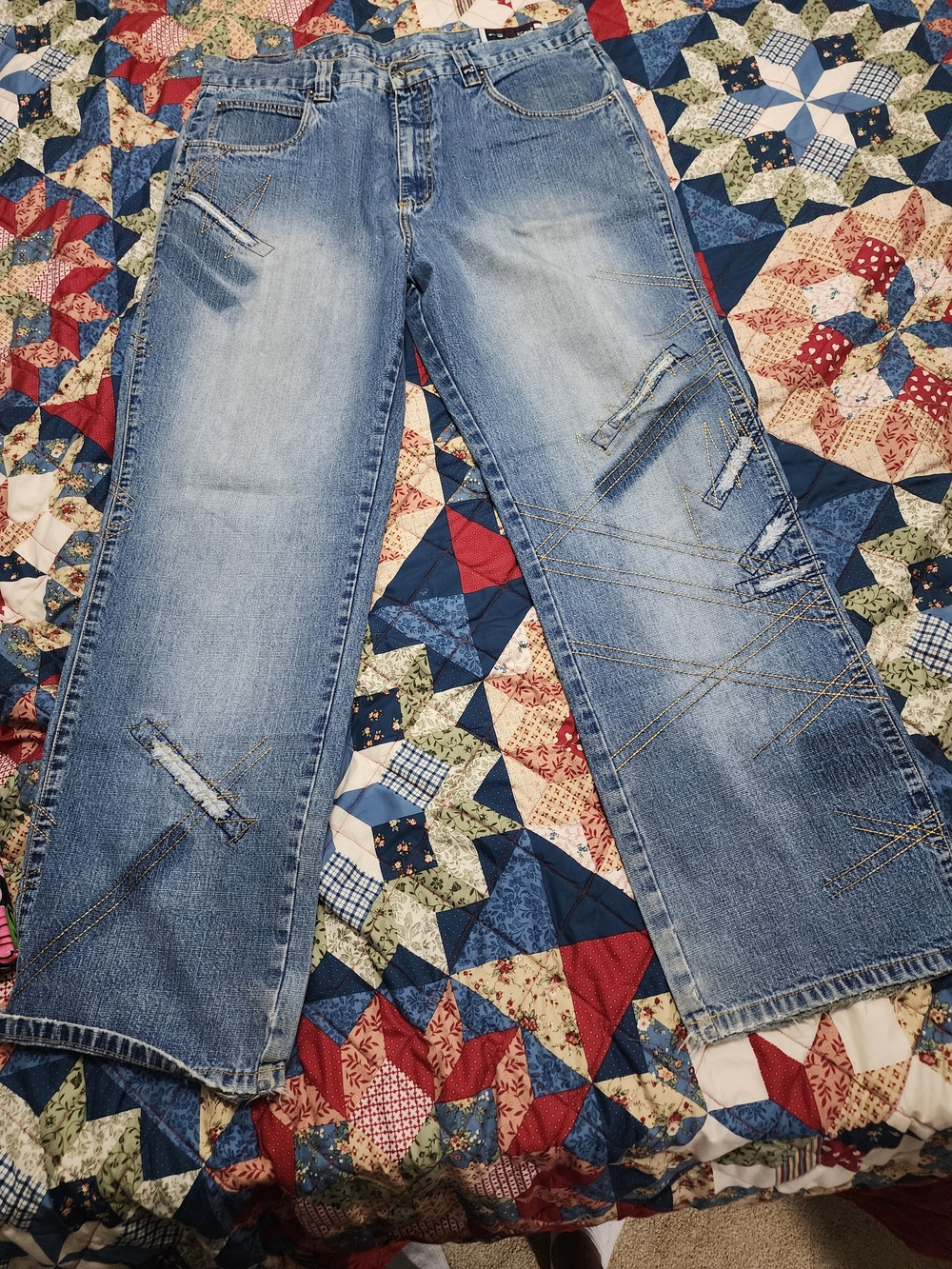 Vintage Phat Farm Men's Light Blue Bootcut Jeans with Distressed Stitching